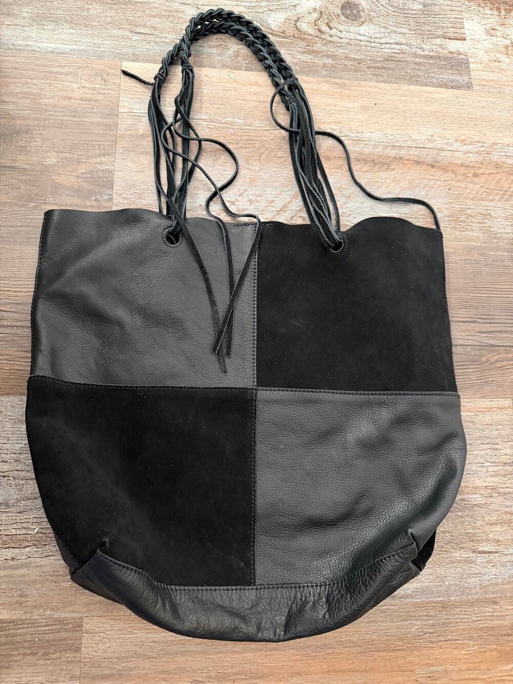 No Brand black leather tote with patchwork design of smooth leather suede panels